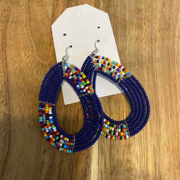 Handmade Jewelry - Blue Bohemian Beaded Hoop Earrings